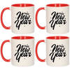 Set van 4x stuks cadeau mokken rood happy new year met sterren en sneeuwvlokken 300 ml - Bekers