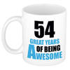 54 great years of being awesome cadeau mok / beker wit en blauw - verjaardagscadeau 54 jaar - feest mokken