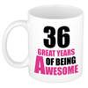 36 great years of being awesome cadeau mok / beker wit en roze - verjaardagscadeau 36 jaar - feest mokken