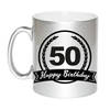 Happy Birthday 50 years met wimpel cadeau koffiemok / theebeker zilver 330 ml - Abraham / Sarah - feest mokken