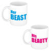 Her beast en his beauty cadeau mok / beker wit met blauwe / roze blokletters 300 ml - feest mokken