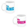His queen en her king cadeau mok / beker wit met roze / blauwe blokletters 300 ml - feest mokken
