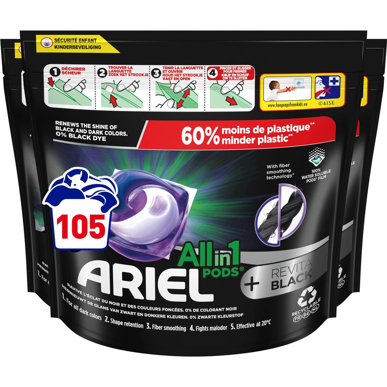 Ariel All in 1 Wasmiddel Pods - Wascapsules - +Revitablack - Voordeelverpakking 3 x 35 Wasbeurten