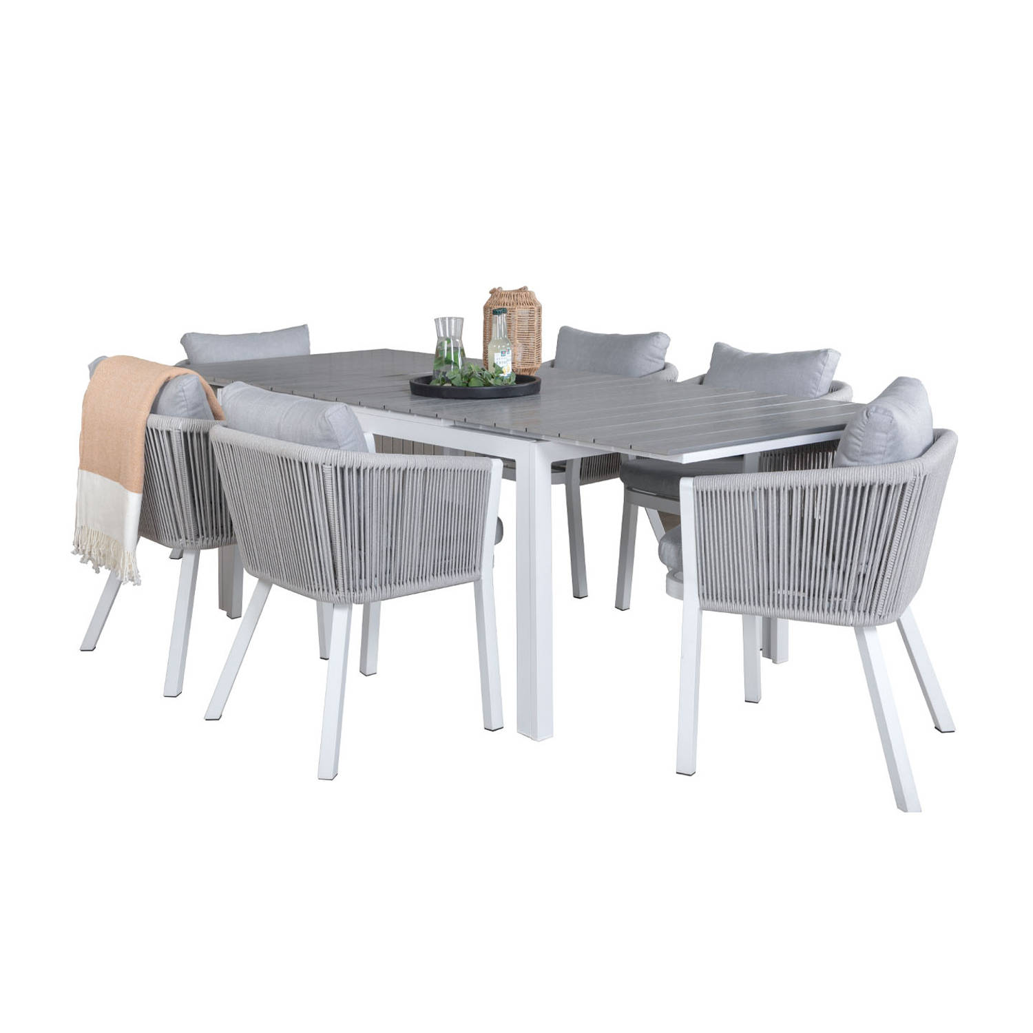 Levels tuinmeubelset tafel 100x160/240cm en 6 stoel Virya wit, grijs.