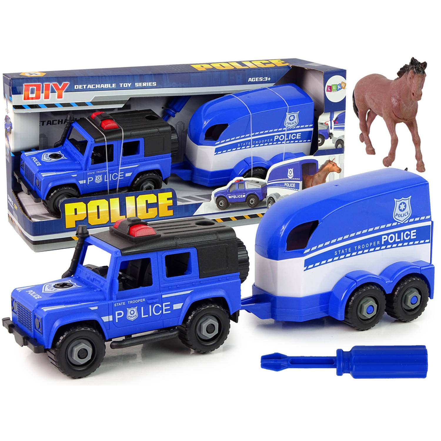 DIY Speelgoed politie terreinwagen met trailer en paard - Trailer is los te koppelen - Vanaf 3 jaar - Speelgoedwagen