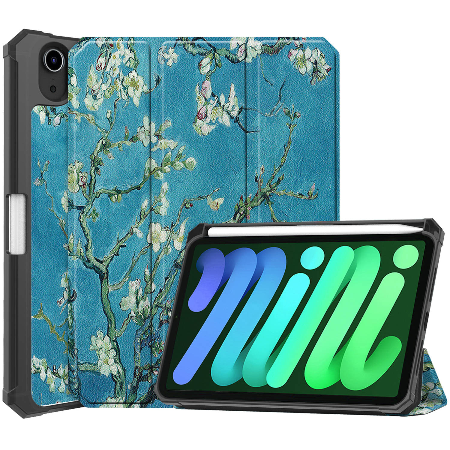 Basey iPad Mini 6 Hoesje Kunstleer Hoes Case Cover iPad Mini 6-Bloesem