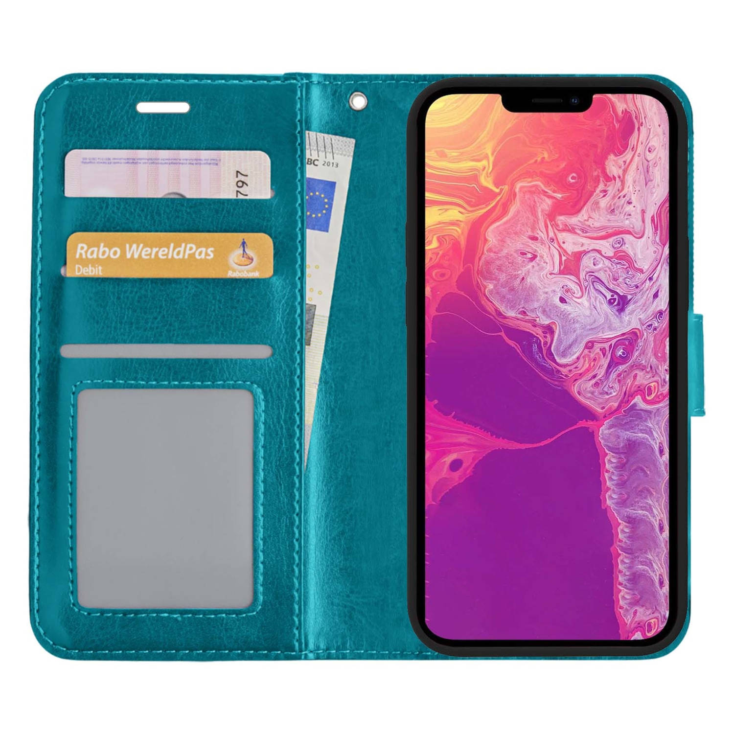 Basey Iphone 13 Pro Hoesje Bookcase Kunstleer Iphone 13 Pro Hoes Flip Case Book Cover Turquoise