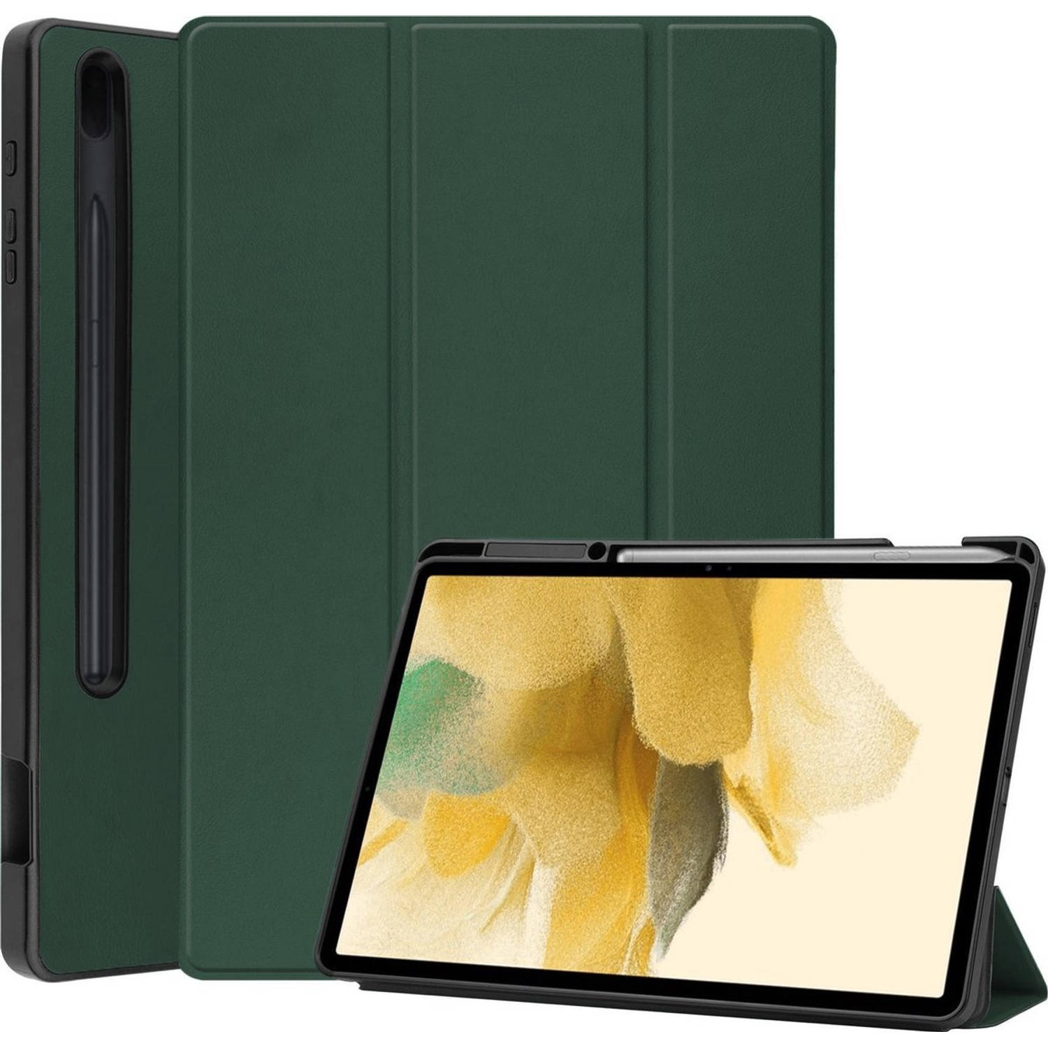 Basey Samsung Galaxy Tab S7 Fe Hoesje Kunstleer Hoes Case Cover Donkergroen