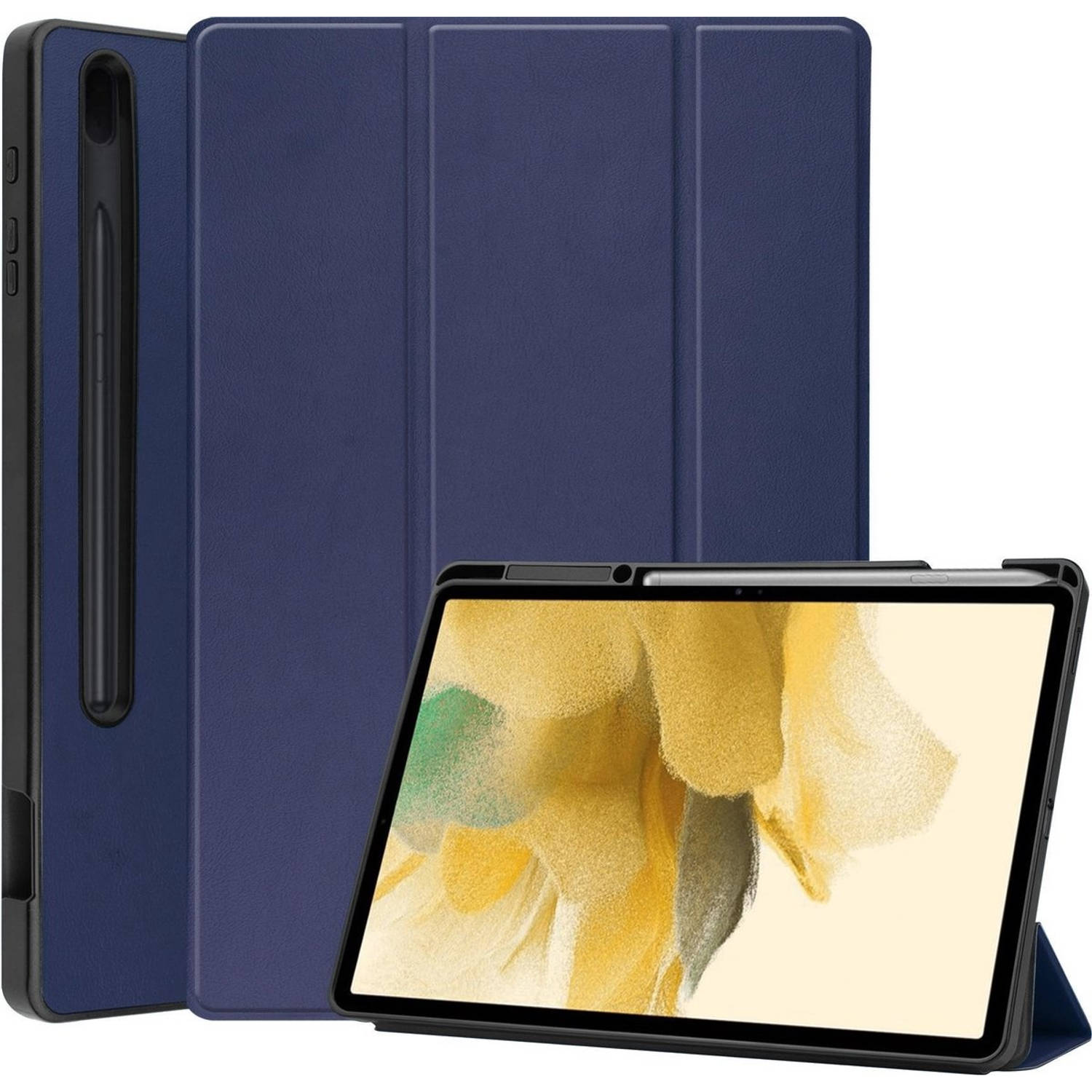 Basey Samsung Galaxy Tab S7 Fe Hoesje Kunstleer Hoes Case Cover Donkerblauw