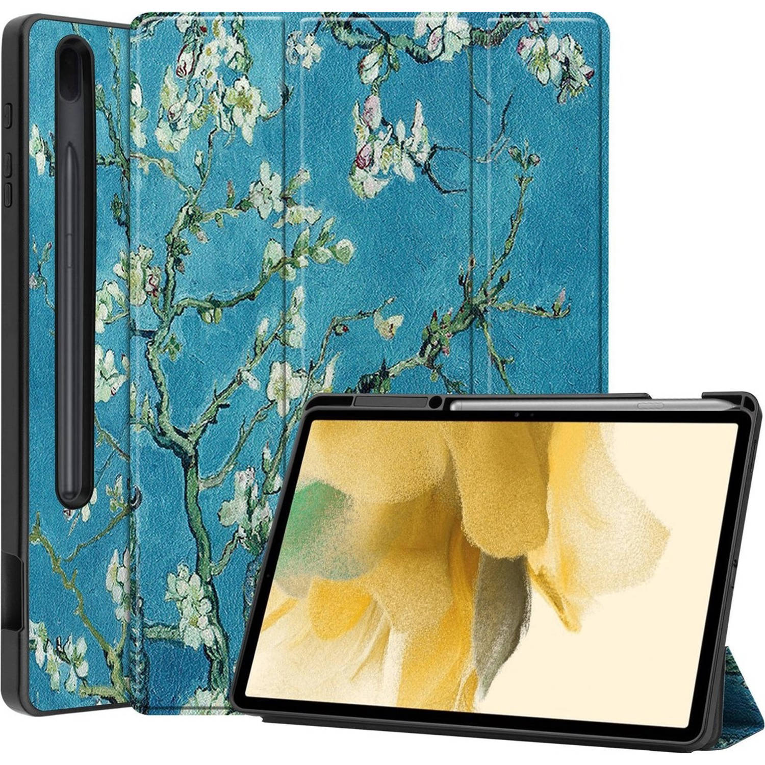 Basey Samsung Galaxy Tab S7 Fe Hoesje Kunstleer Hoes Case Cover Bloesem