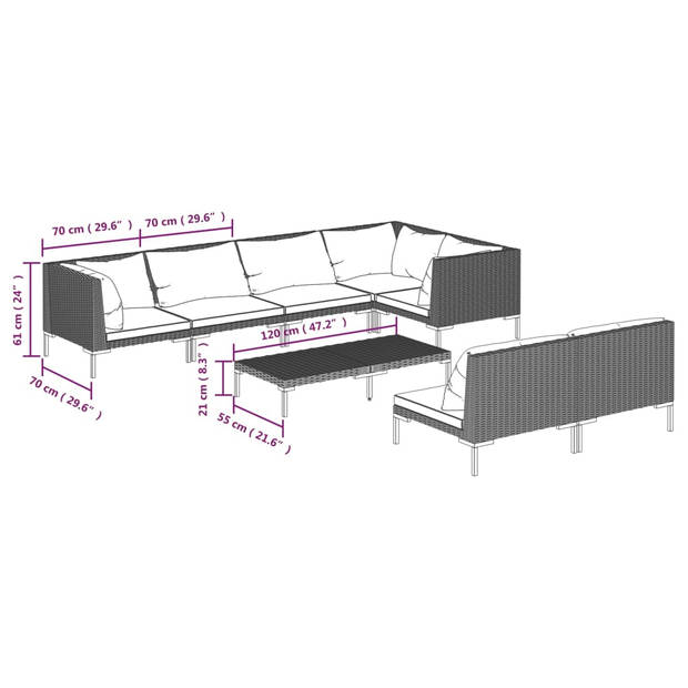 vidaXL 8-delige Loungeset met kussens poly rattan donkergrijs