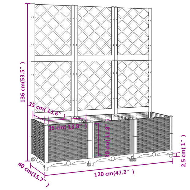 vidaXL Plantenbak met latwerk 120x40x136 cm polypropeen wit