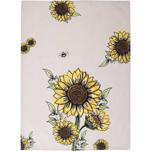 Clayre & Eef Theedoek 50x70 cm Beige Geel Katoen Zonnebloemen Keukenhanddoek Beige Keukenhanddoek