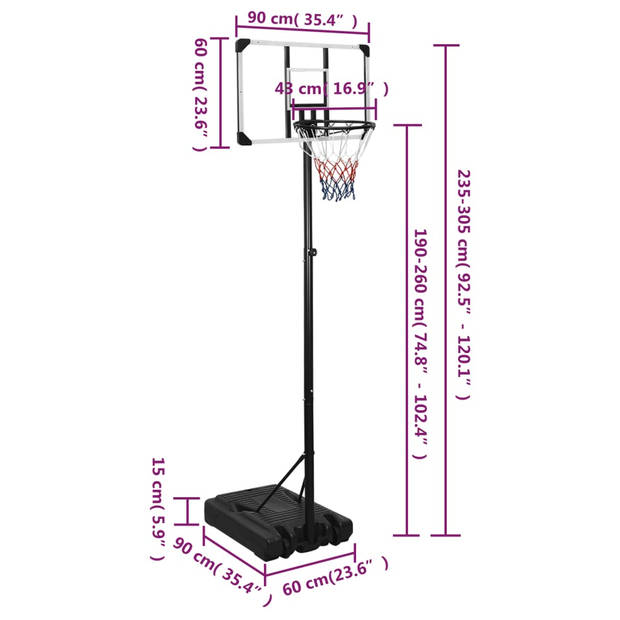 vidaXL Basketbalstandaard 235-305 cm polycarbonaat transparant