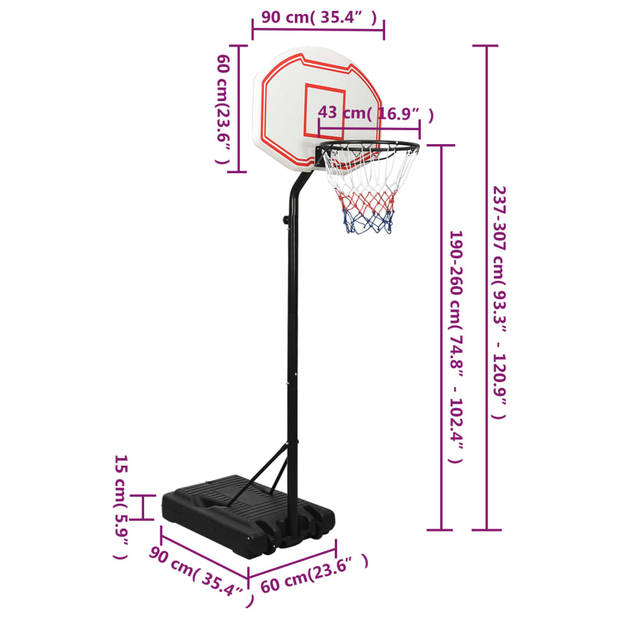 vidaXL Basketbalstandaard 237-307 cm polyetheen wit