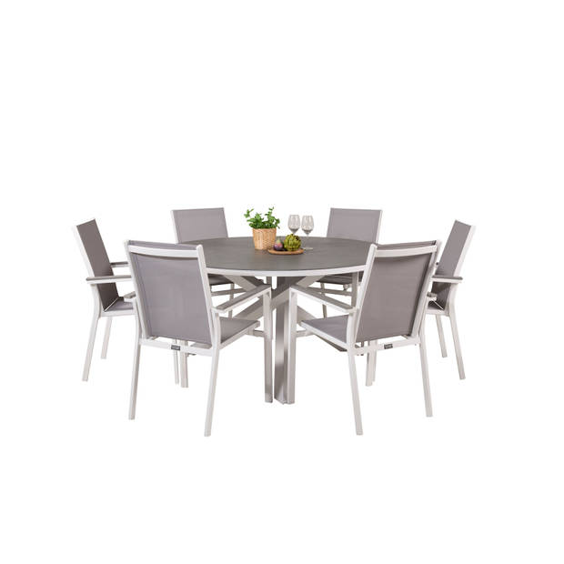 Copacabana tuinmeubelset tafel Ø140cm en 6 stoel Parma wit, grijs, crèmekleur.