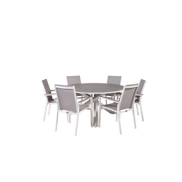 Copacabana tuinmeubelset tafel Ø140cm en 6 stoel Parma wit, grijs, crèmekleur.
