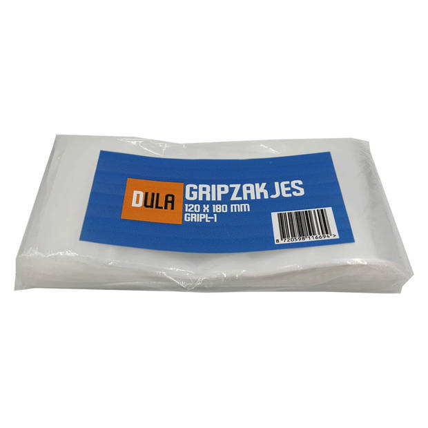 DULA - Gripzakje - 120 x 180 mm (A6 formaat) - Transparant - 100 stuks - Hersluitbare verpakking zakjes