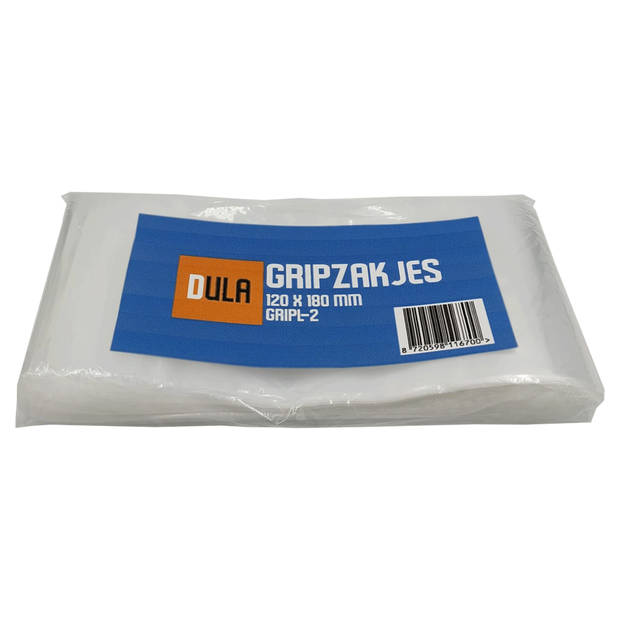 DULA - Gripzakje - 120 x 180 mm ( A6 formaat) - Transparant - 200 stuks - Hersluitbare verpakking zakjes