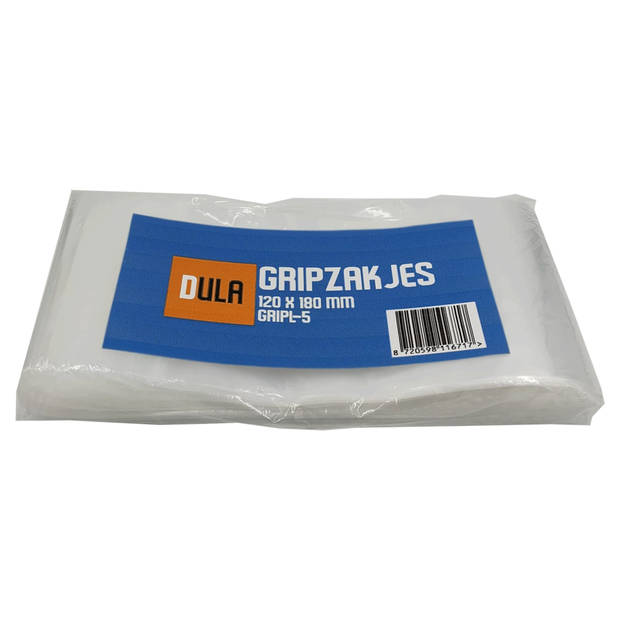 DULA - Gripzakje - 120 x 180 mm (A6 formaat) - Transparant - 500 stuks - Hersluitbare verpakking zakjes