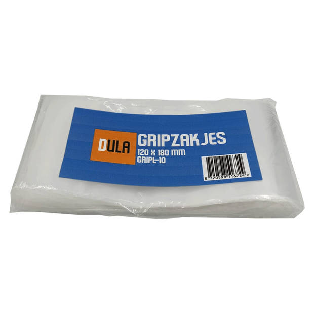 DULA - Gripzakje - 120 x 180 mm (A6 formaat) - Transparant - 1000 stuks - Hersluitbare verpakking zakjes
