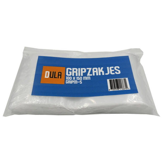 DULA - Gripzakje - 100 x 150 mm - Transparant - 500 stuks - Hersluitbare verpakking zakjes