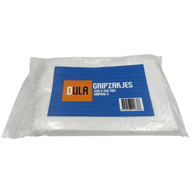 DULA - Gripzakje - 230 x 320 mm (A4 formaat) - Transparant - 200 stuks - Hersluitbare verpakking zakjes