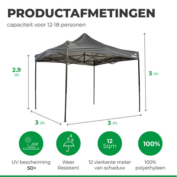 MaxxGarden Partytent - 3x3 m - Easy Up - Opvouwbaar - Waterdicht - Incl. Draagtas - Antraciet