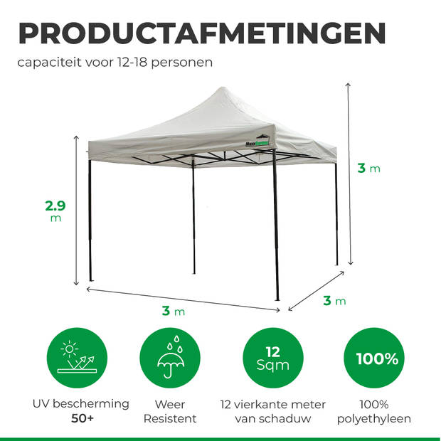 MaxxGarden Partytent - Paviljoen - 3x3 m - Easy Up - Opvouwbaar - Waterdicht - Incl. Draagtas - Wit