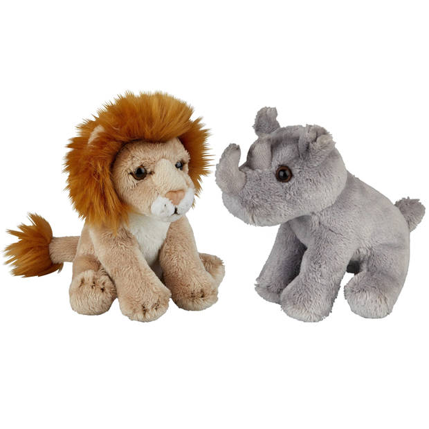 Safari dieren serie pluche knuffels 2x stuks - Neushoorn en Leeuw van 15 cm - Knuffeldier