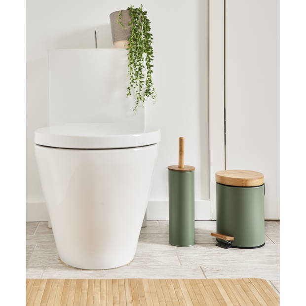 WC/Toiletborstel in houder - bamboe hout - salie groen - H38 x D10 cm - Toiletborstels