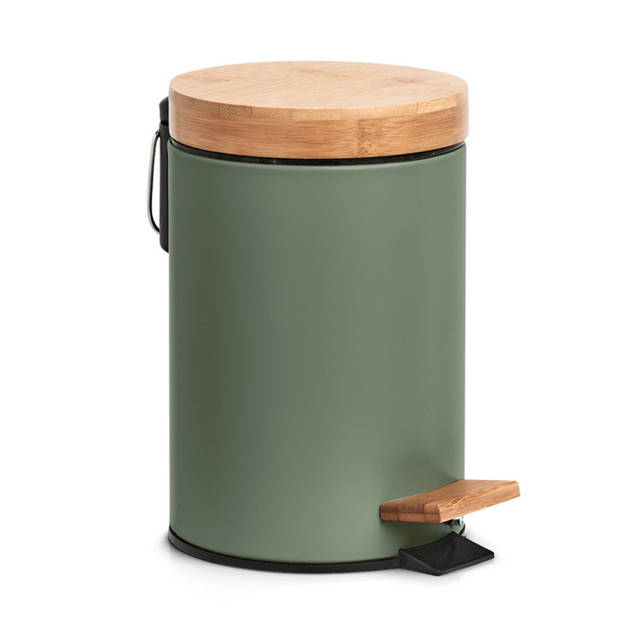 Badkamer accessoires set 4-delig - kunststeen - bamboe hout salie groen - Badkameraccessoireset