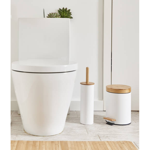 WC/Toiletborstel in houder - bamboe hout/metaal - wit - H38 x D10 cm - Toiletborstels