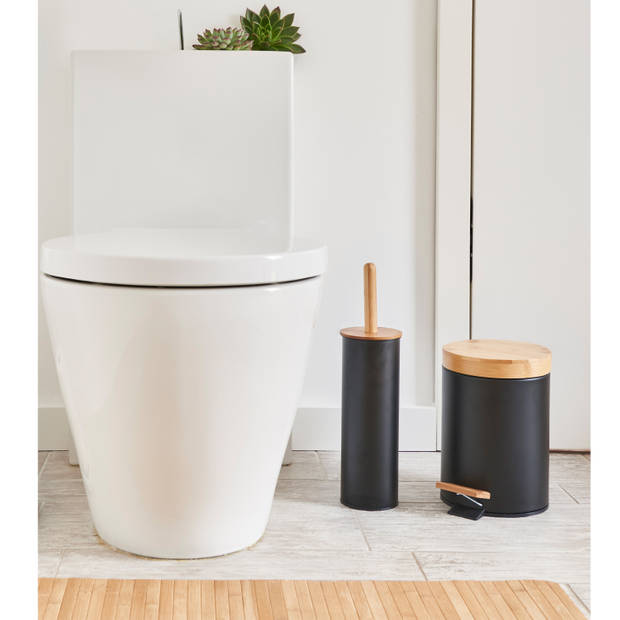 WC/Toiletborstel in houder - bamboe hout/metaal - zwart - H38 x D10 cm - Toiletborstels