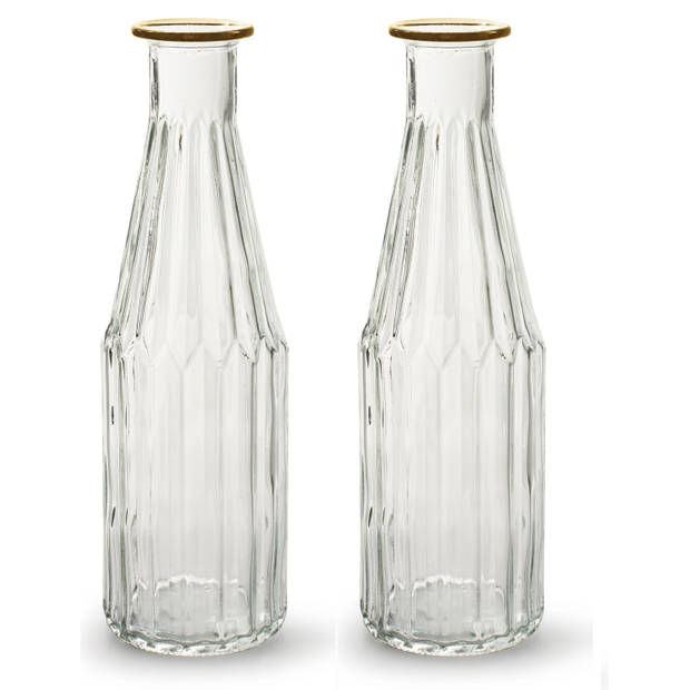 Jodeco - Bloemenvaas Marseille - 2x - Fles model - glas - transparant/goud - H25 x D7 cm - Vazen