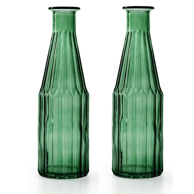 Jodeco - Bloemenvaas Marseille - 2x - Fles model - glas - groen - H25 x D7 cm - Vazen