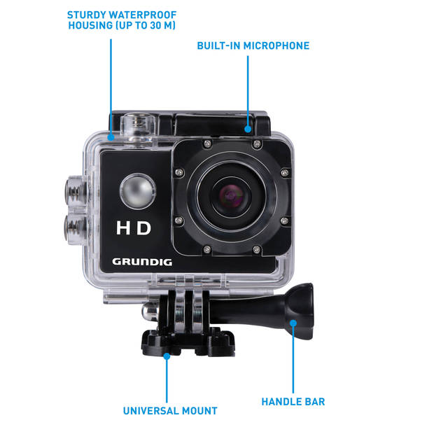 Grundig Action Camera HD720P - Onderwatercamera - Waterdicht tot 30M - 2"LCD Scherm - Zwart