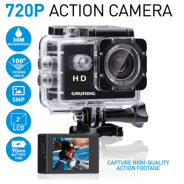Grundig Action Camera HD720P - Onderwatercamera - Waterdicht tot 30M - 2"LCD Scherm - Zwart