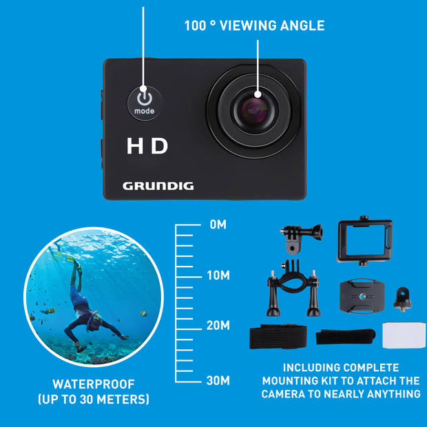 Grundig Action Camera HD720P - Onderwatercamera - Waterdicht tot 30M - 2"LCD Scherm - Zwart