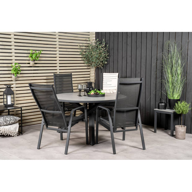 Parma tuinmeubelset tafel Ø140cm en 4 stoel Copacabana zwart, grijs.