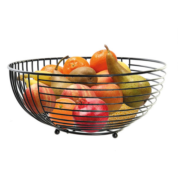 Items metalen draadmand fruitschaal - zwart - rond - 28 x 12 cm - Fruitschalen