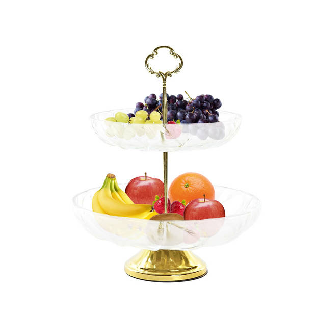 Items Design fruitschaal - goud/transparant - 2 laags etagiere - metaal/glas - 25 x 29 cm - Fruitschalen