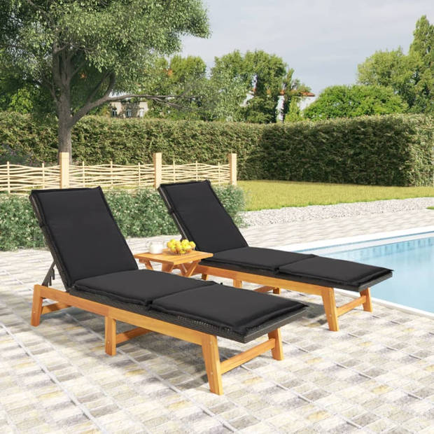 The Living Store Ligbedden - Acaciahout - PE-rattan - Verstelbare rugleuning - Zwart/Bruin - 200x54x87 cm