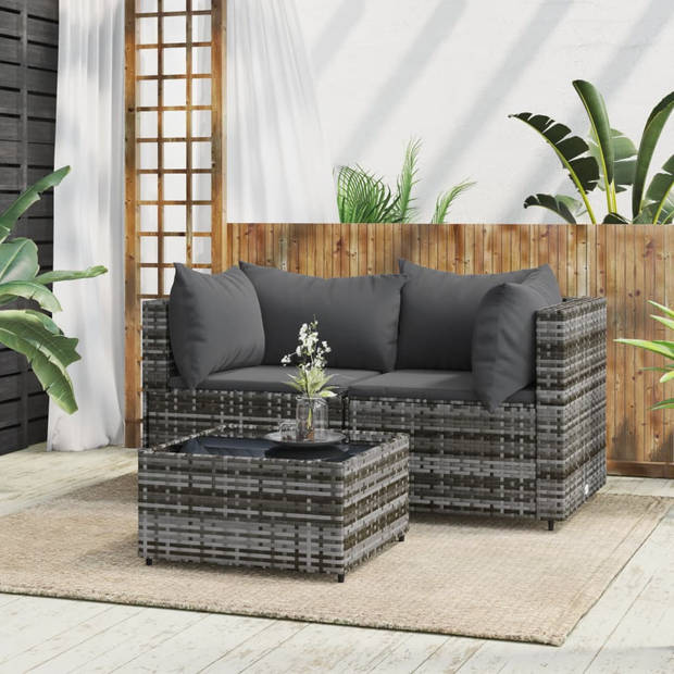 The Living Store Loungeset Grijs - Hoekbank 63x63x57.5cm - PE-rattan - Gehard glas - Inclusief kussens - Modulair