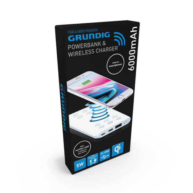 Grundig Draadloze Powerbank 600mAh - Draadloos en Bekabeld Opladen - Incl. Oplaadkabel - Wit