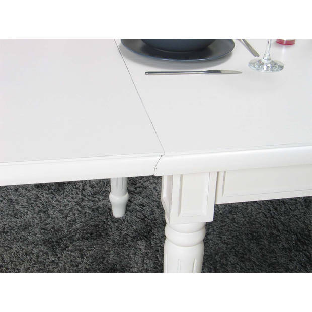 Mozart eetkamertafel 100x180/280 cm incl. 2 verlengbladen antiek wit, antiek gepatineerd.