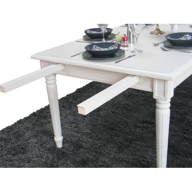 Mozart eetkamertafel 100x180/280 cm incl. 2 verlengbladen antiek wit, antiek gepatineerd.