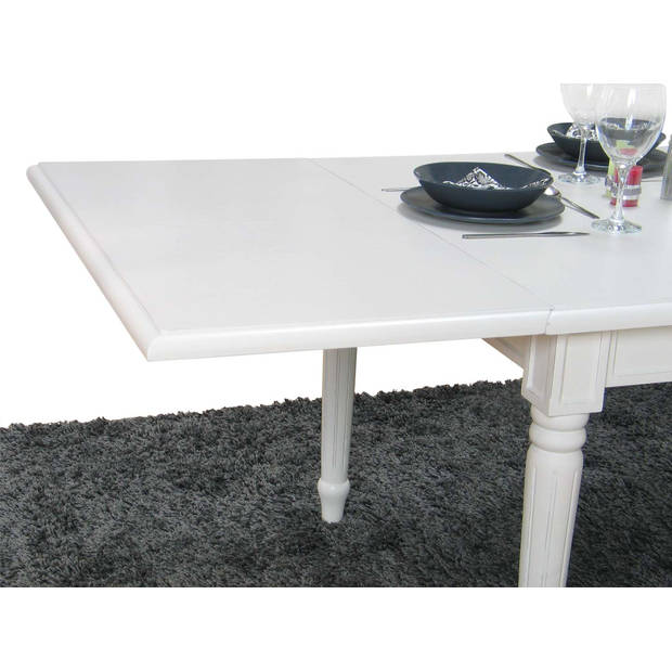 Mozart eetkamertafel 100x180/280 cm incl. 2 verlengbladen antiek wit, antiek gepatineerd.