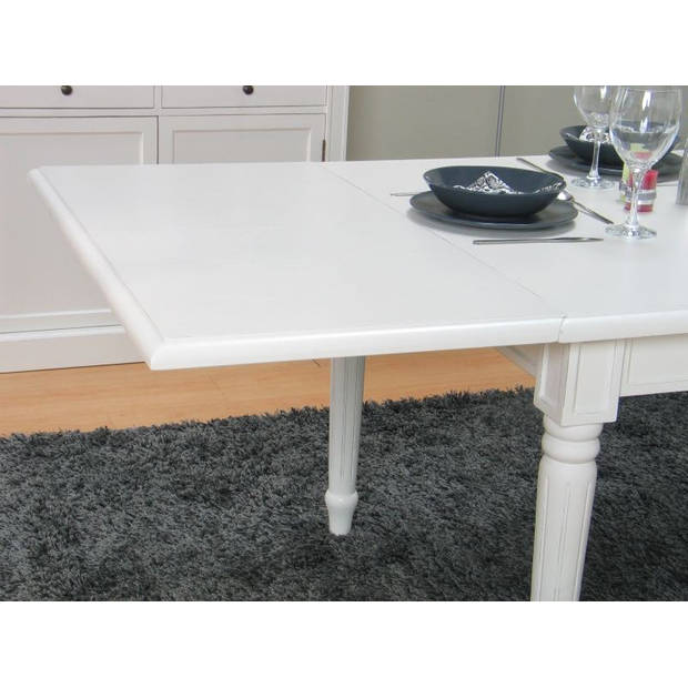 Mozart eetkamertafel 100x180/280 cm incl. 2 verlengbladen antiek wit, antiek gepatineerd.