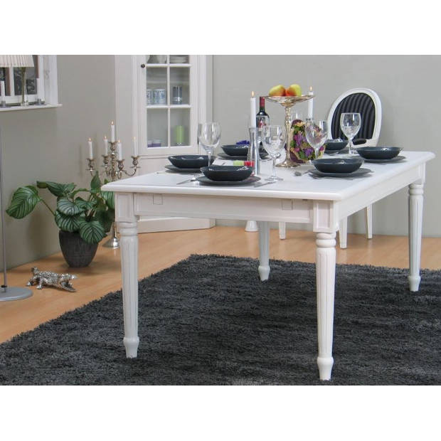 Mozart eetkamertafel 100x180/280 cm incl. 2 verlengbladen antiek wit, antiek gepatineerd.